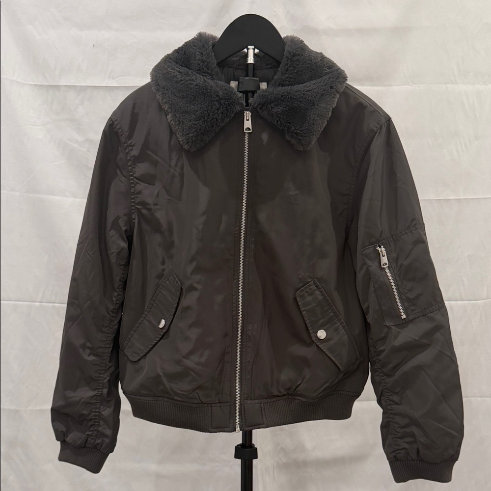 H&M Gray Bomber Jacket with Faux Fur Collar